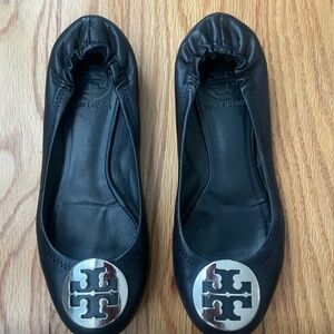 Tory Burch Black Flats with Silver Logo